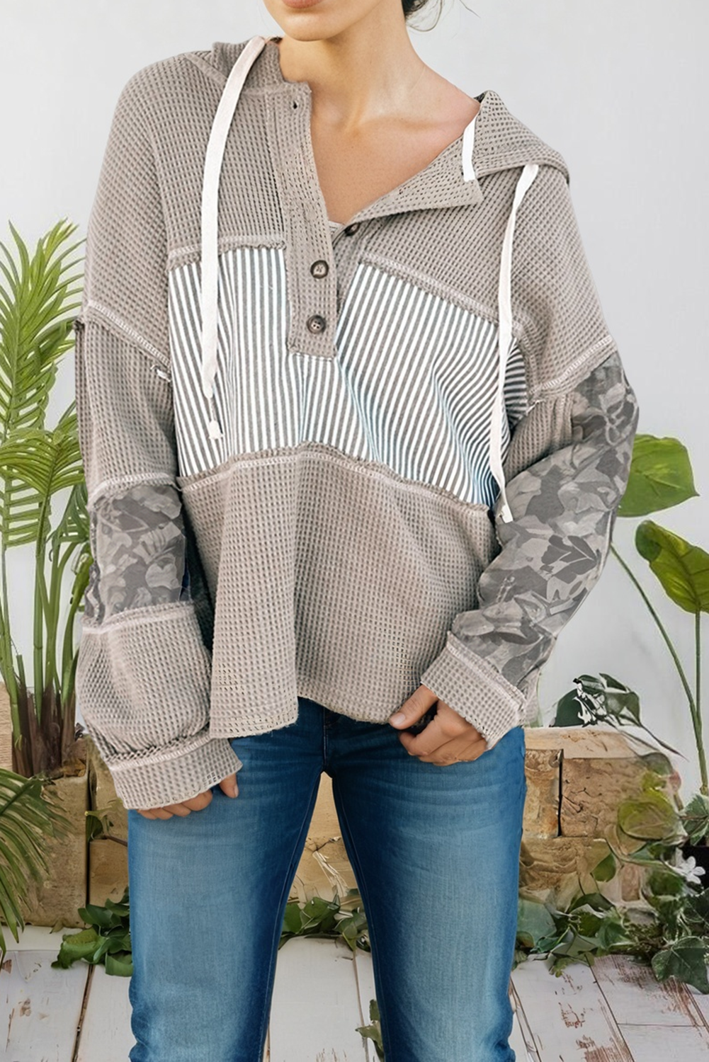 Waffle Patchwork Hooded Drawstring Top