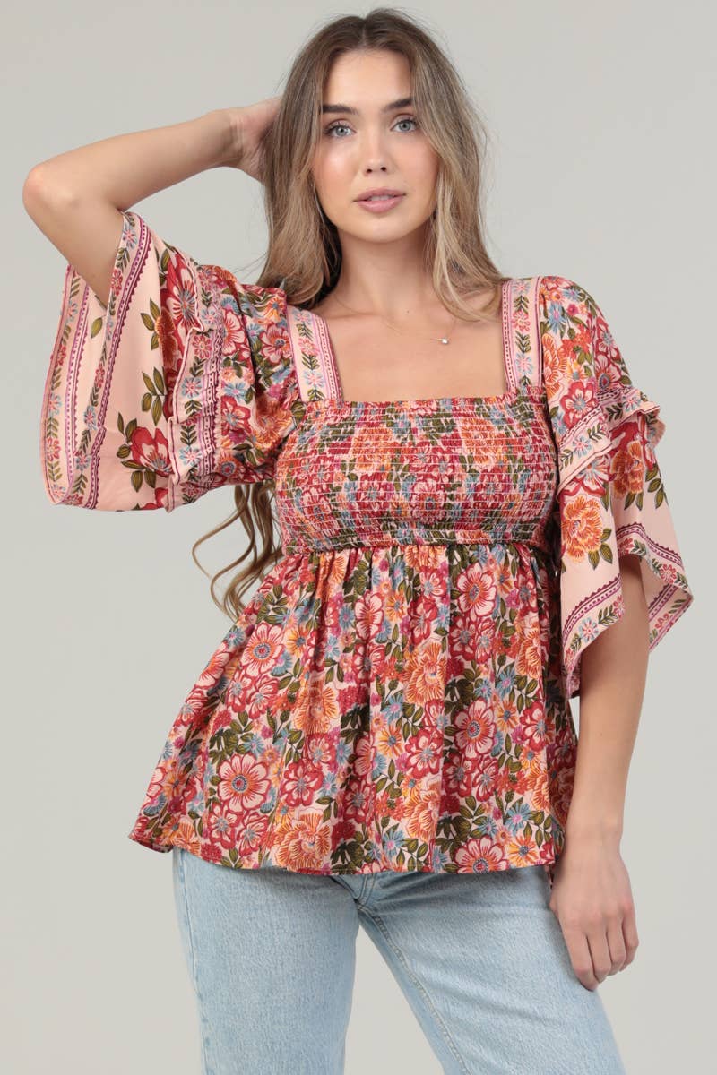 SQUARE NECK RUFFLE SLEEVE PRINTED BLOUSE
