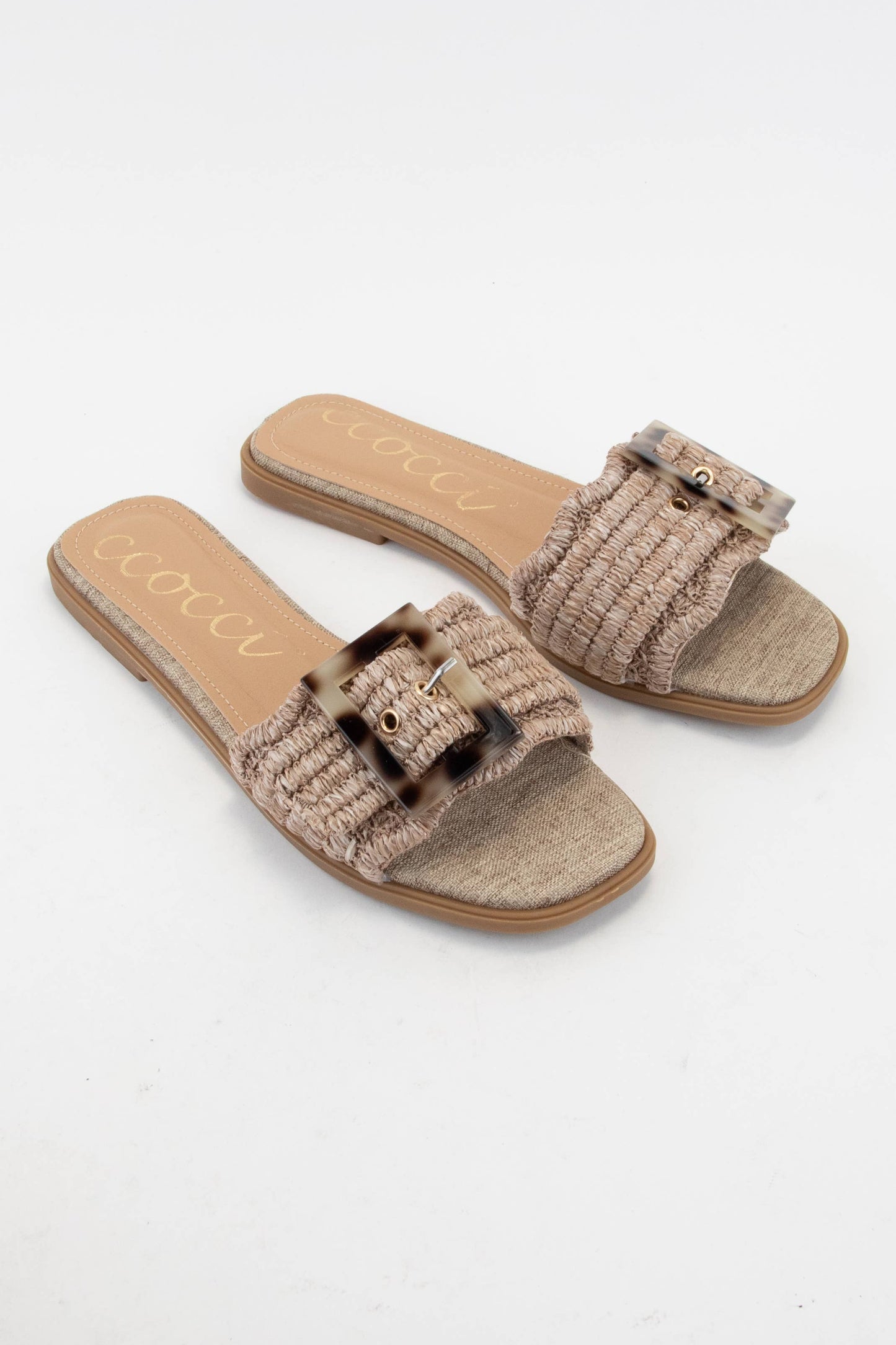 LESLIE TORTOISE BUCKLE SCALLOP EDGE RAFFIA SLIDE SANDAL/Natural color