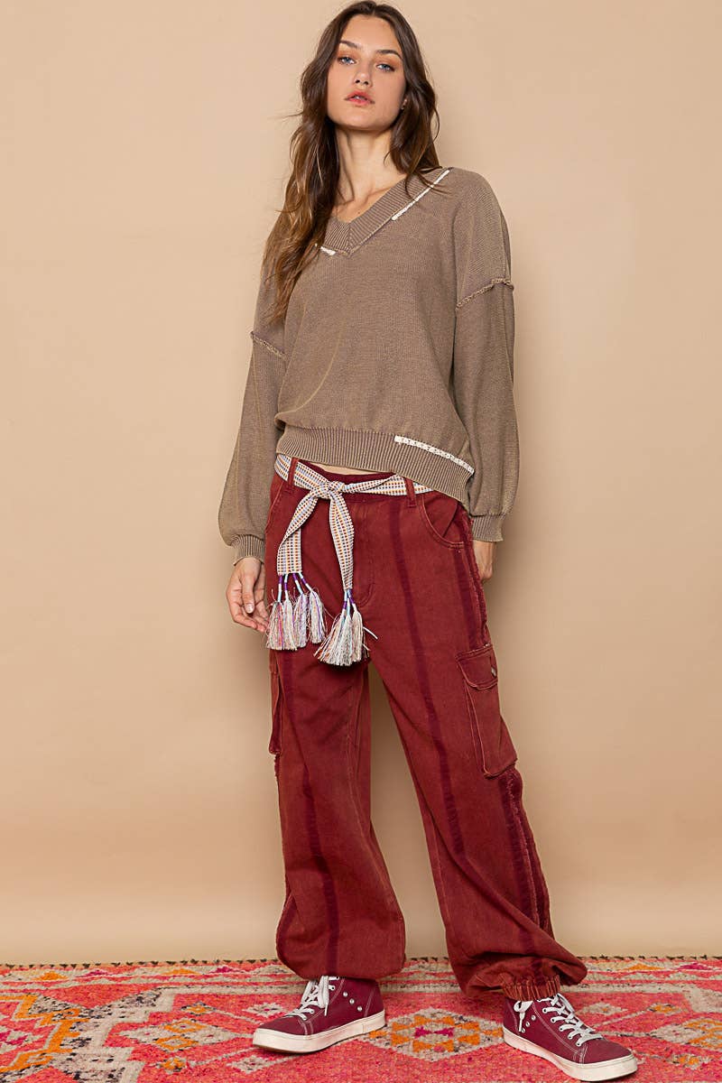 Contrast stripes wrapped tassle fringe cloth belt
