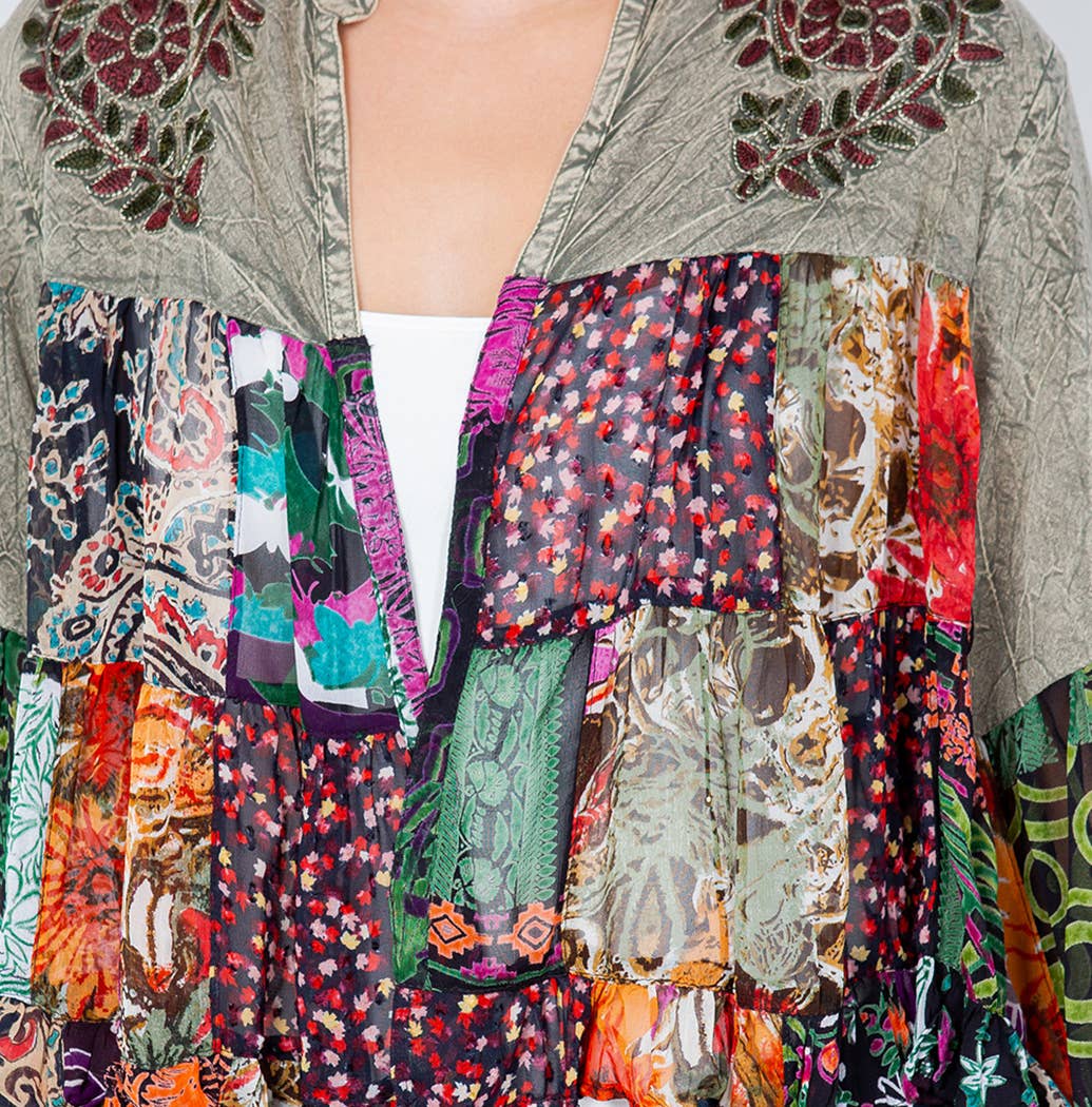 Vintage Bohemian : Tiered Patchwork Cropped Cardigan