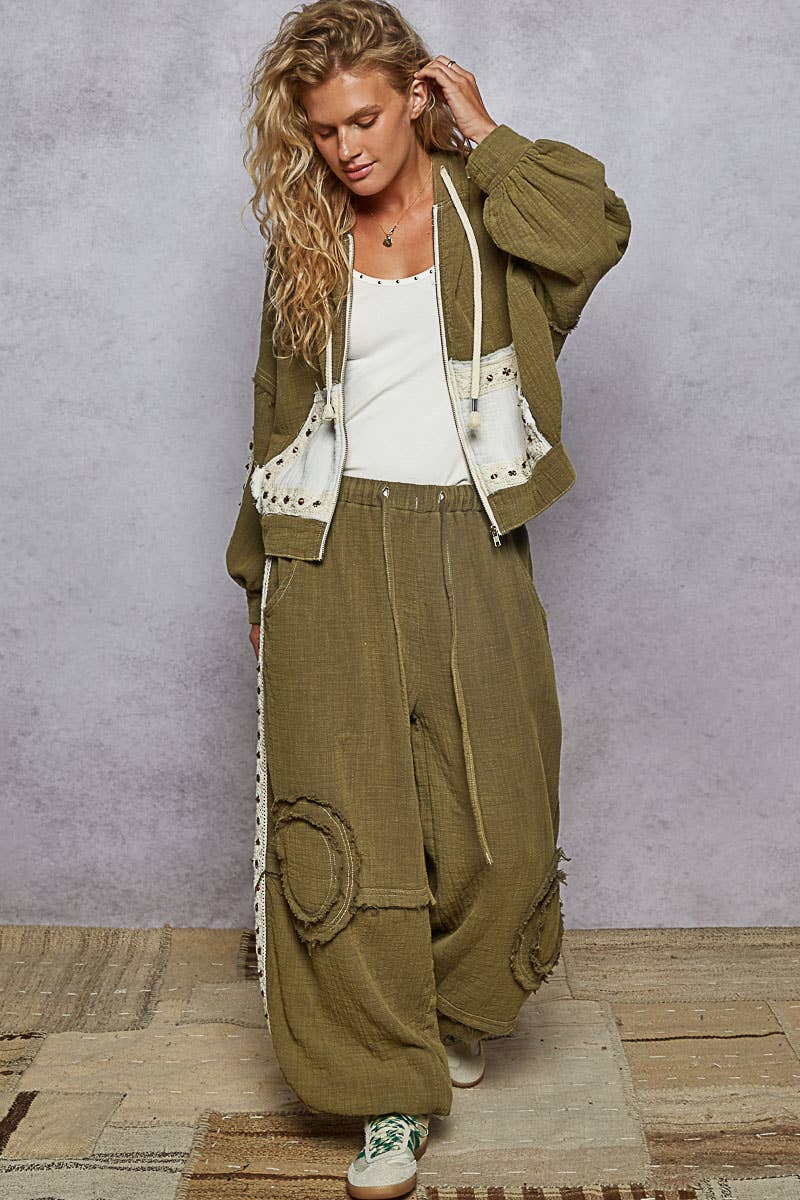 Vintage washing double gauze stud detail hoodie jacket