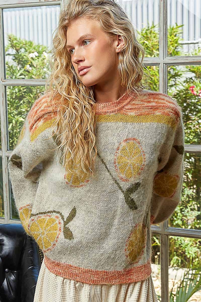 Long sleeve fruit motif pattern multi-colored sweater top