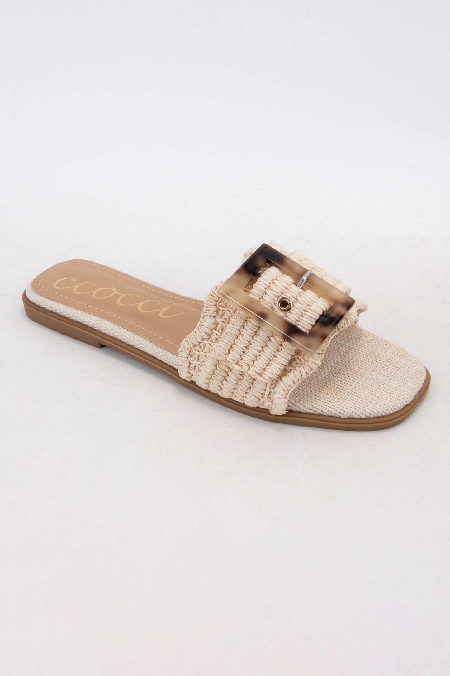 LESLIE TORTOISE BUCKLE SCALLOP EDGE RAFFIA SLIDE SANDAL/Natural color