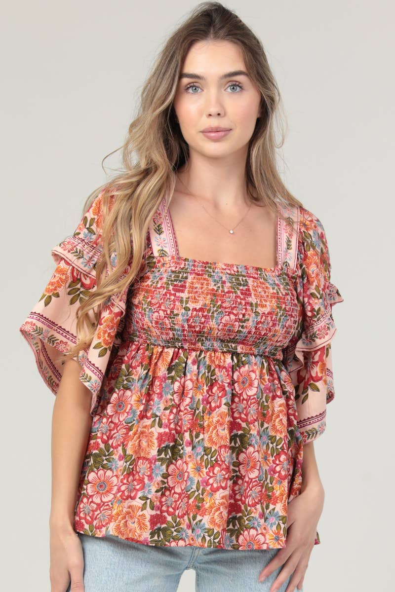 SQUARE NECK RUFFLE SLEEVE PRINTED BLOUSE