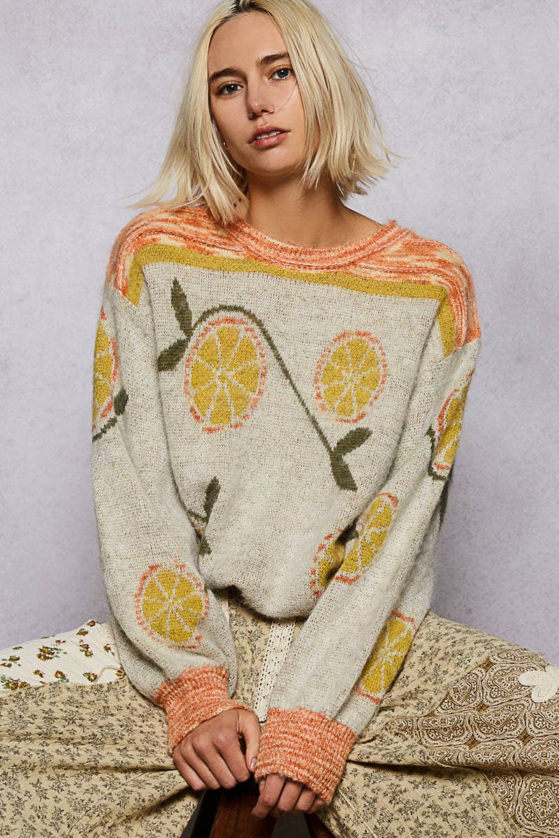 Long sleeve fruit motif pattern multi-colored sweater top