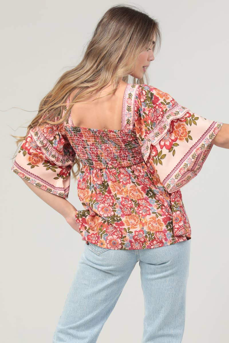 SQUARE NECK RUFFLE SLEEVE PRINTED BLOUSE