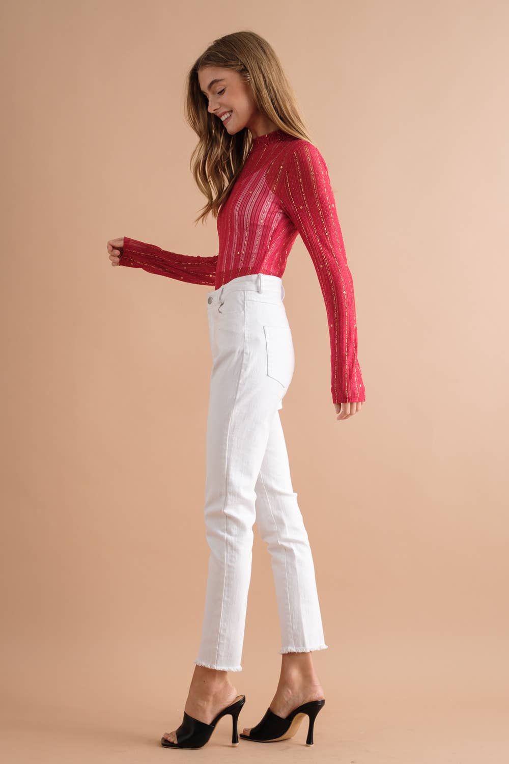 Metallic Star Stripe Mesh Mock Neck Layering Top