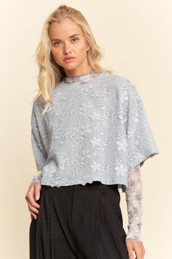 FLORAL RUFFLE SHORT SLEEVE BABYDOLL MESH TOP