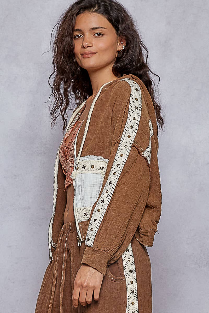 Vintage washing double gauze stud detail hoodie jacket