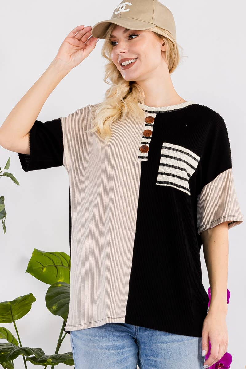 PLUS SIZE CLOTHING RIB COLOR CONTRAST T-SHIRT