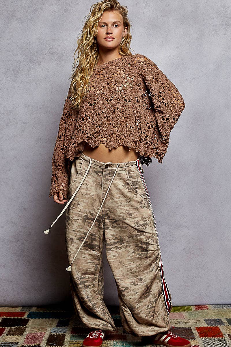 Flare sleeve scalloped edge solid crochet chenille sweater