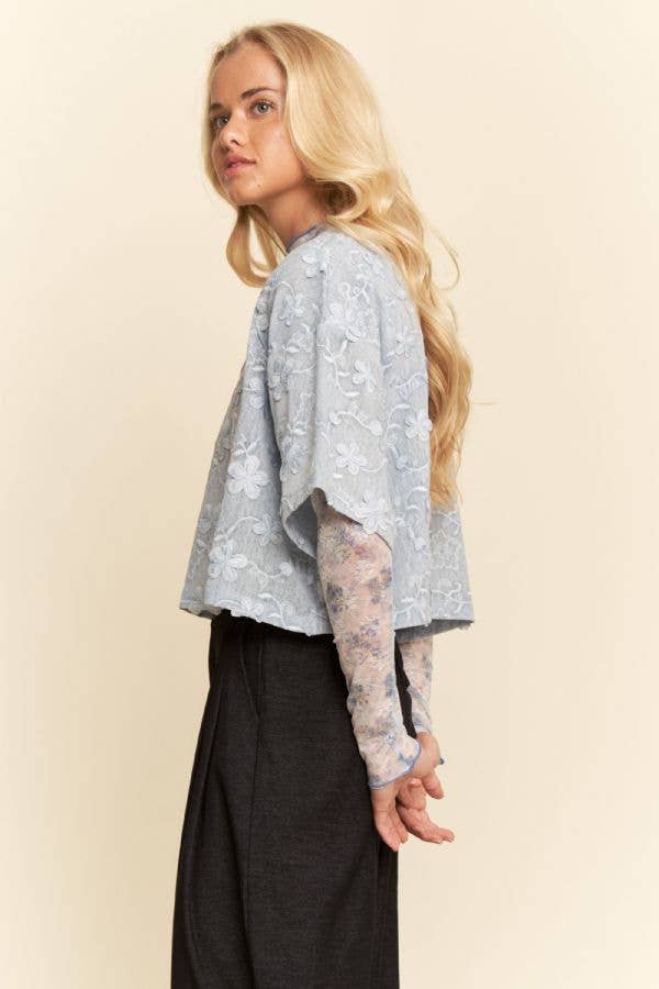 FLORAL RUFFLE SHORT SLEEVE BABYDOLL MESH TOP