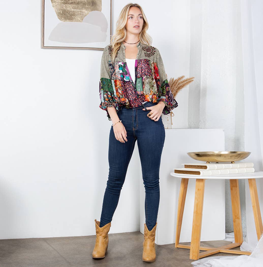 Vintage Bohemian : Tiered Patchwork Cropped Cardigan