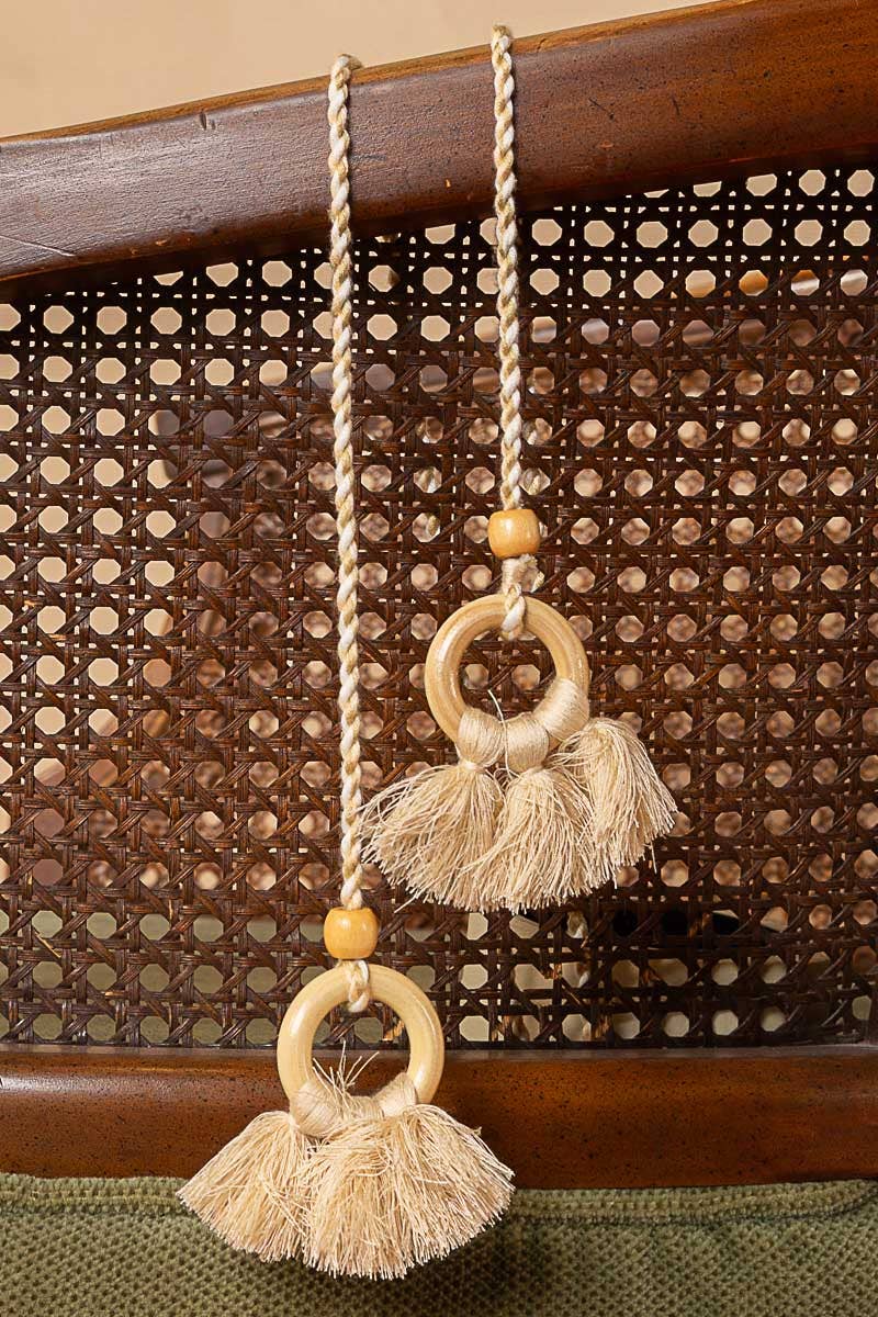 Wrapped wooden ring tassel braided string belt