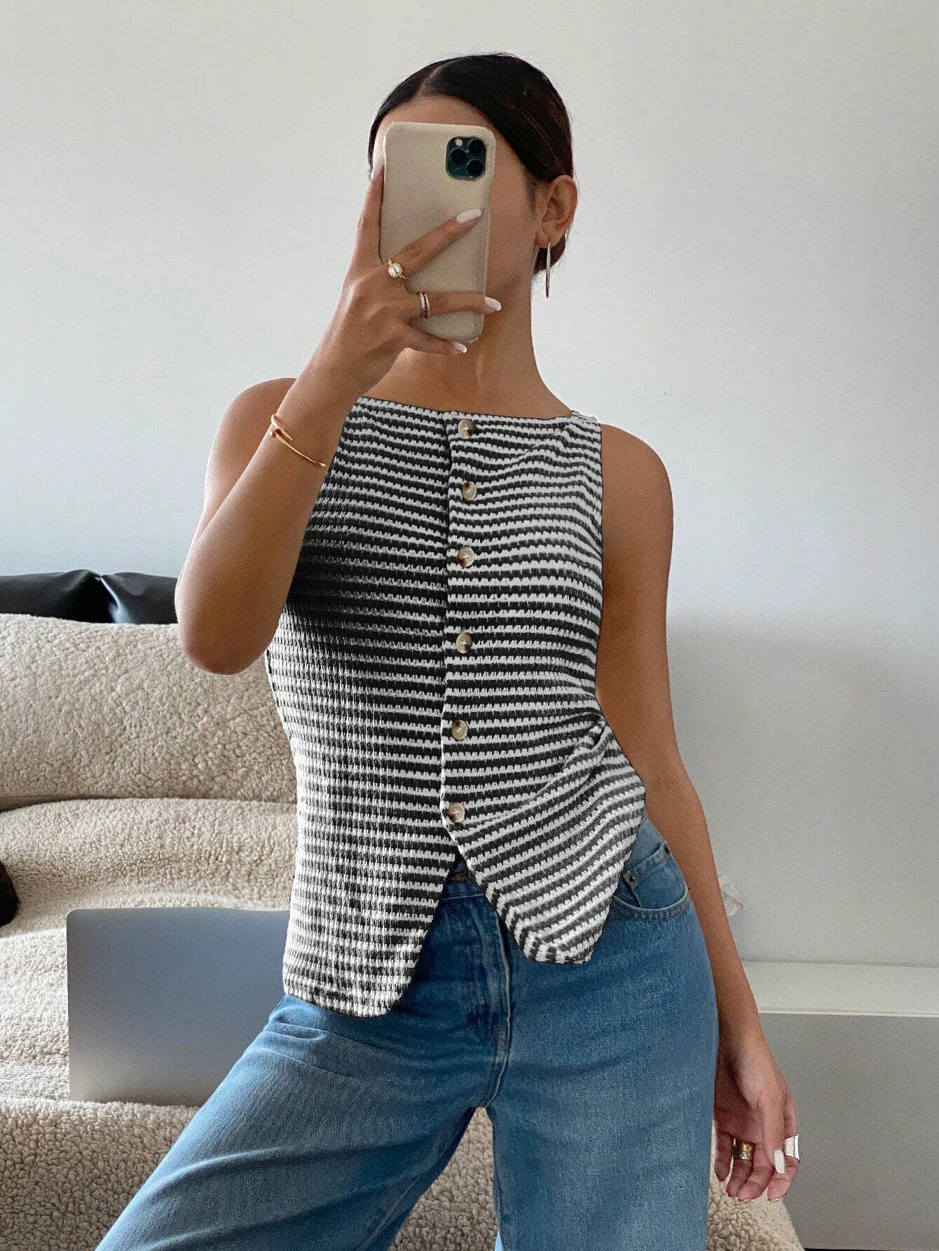 Button-Front Sleeveless Tank Top