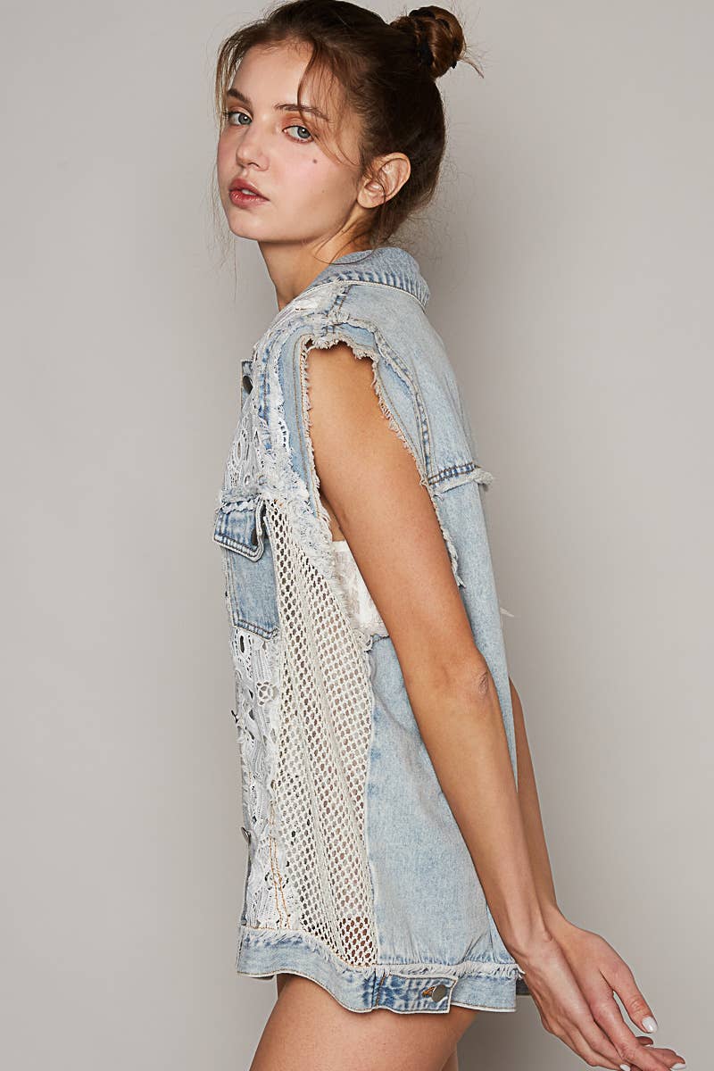 Oversize crochet lace contrast front pockets denim vest-Size down 2 sizes