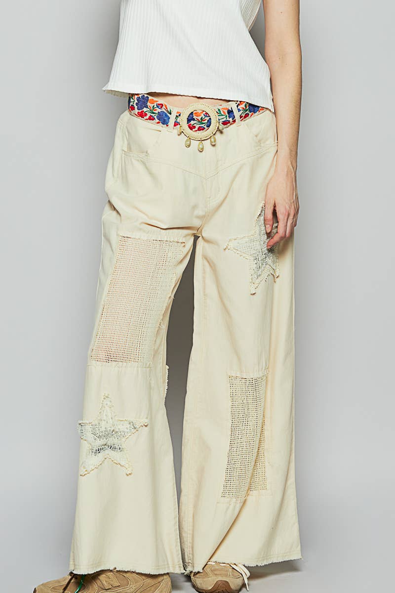 Vintage washed crochet star patch solid pants