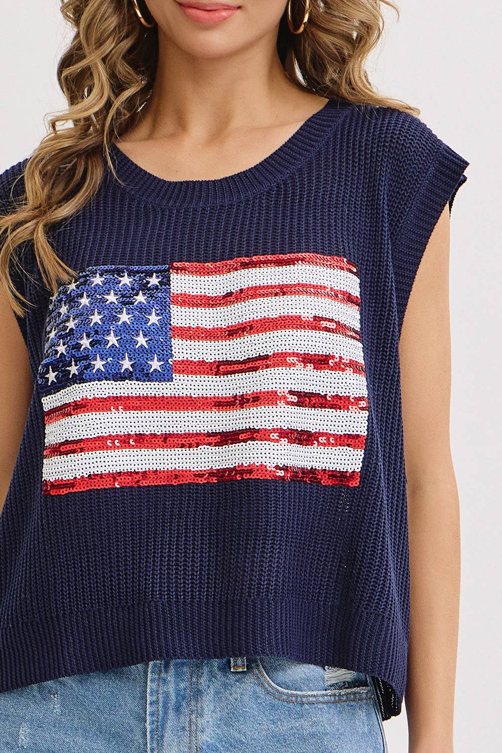 STAR AND STRIPES AMERICAN FLAG KNIT TOP IN SEQUIN
