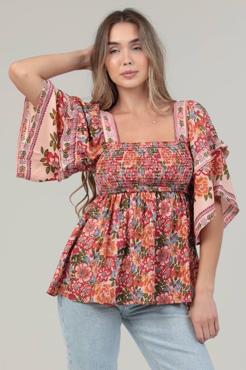 SQUARE NECK RUFFLE SLEEVE PRINTED BLOUSE