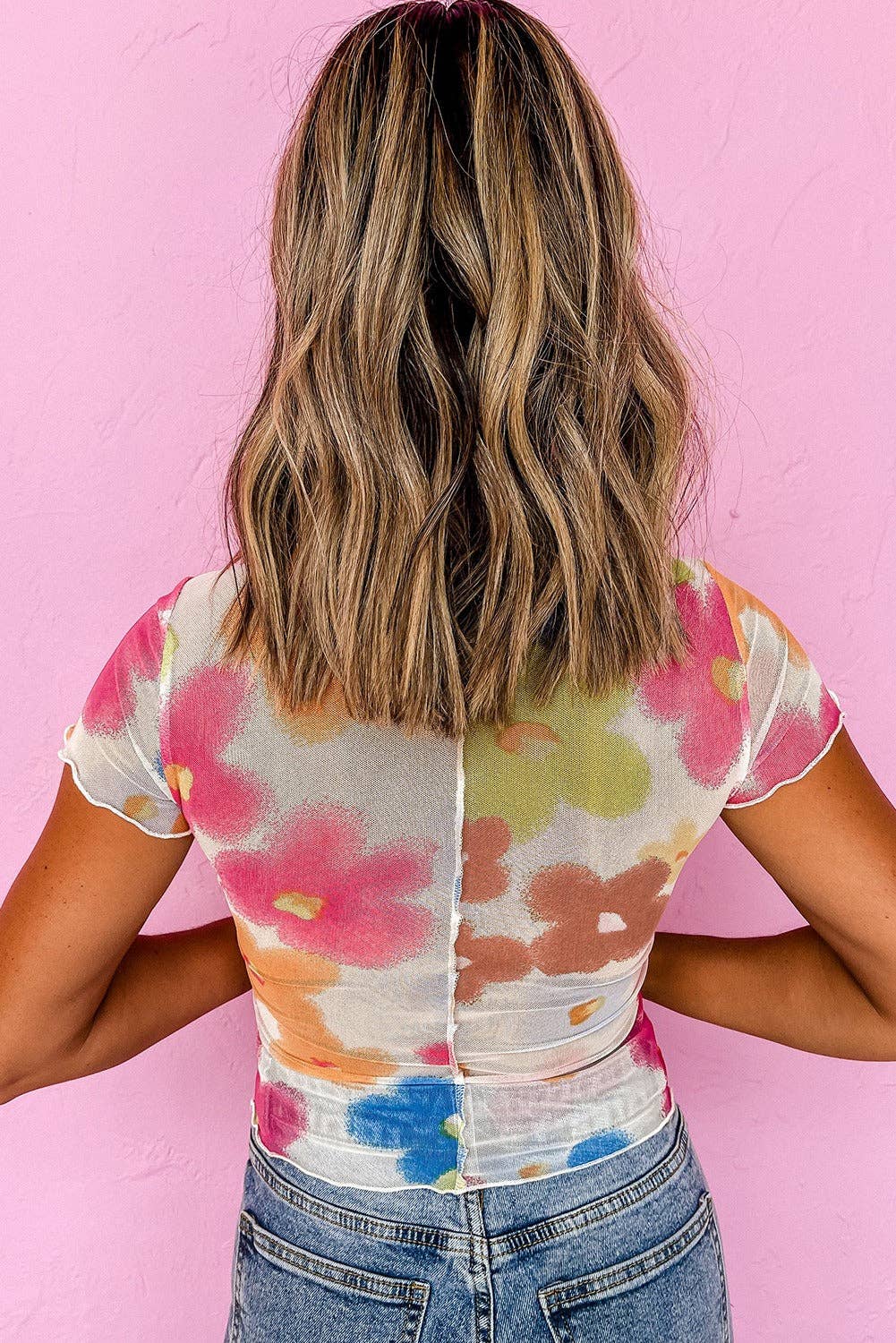 Multicolour Floral Mesh Lettuce Trim Cropped shirt