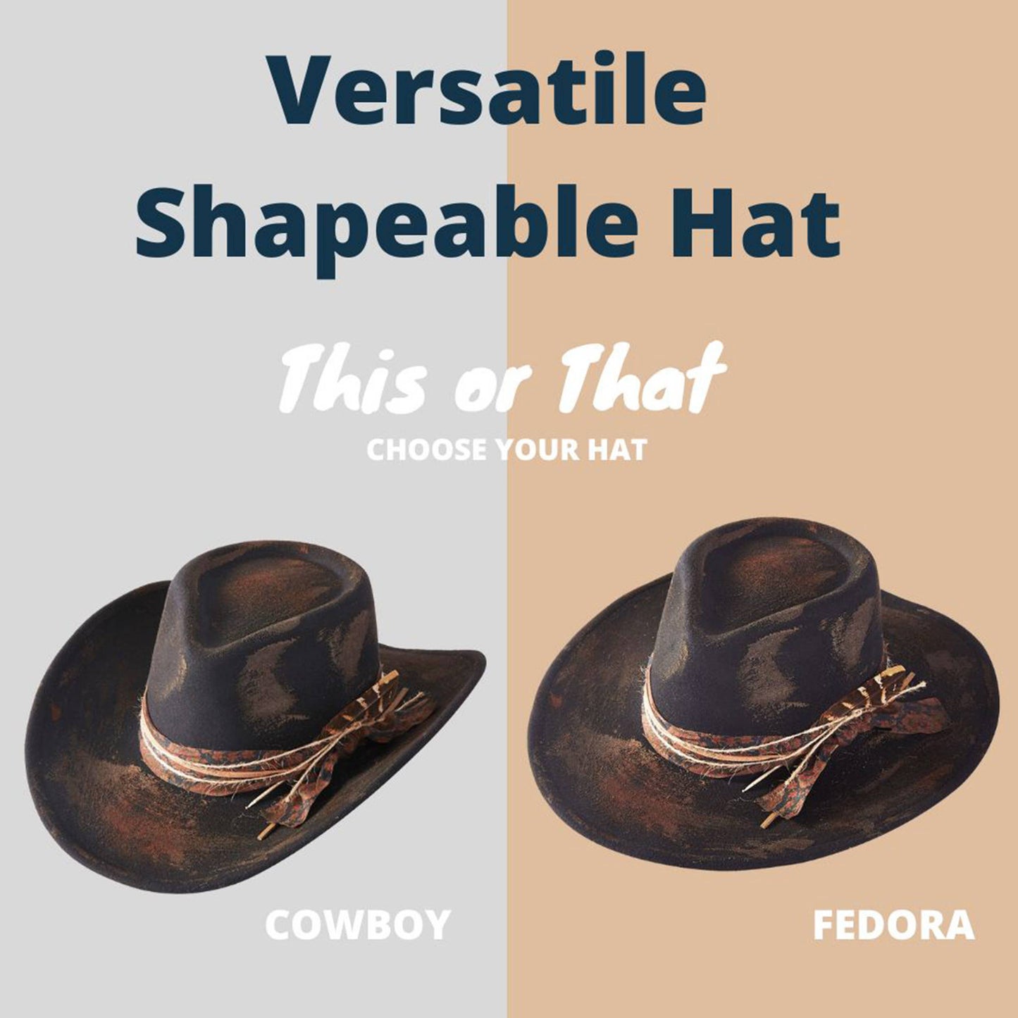 Distressed Fabric Band Feather Cowgirl Fedora Hat