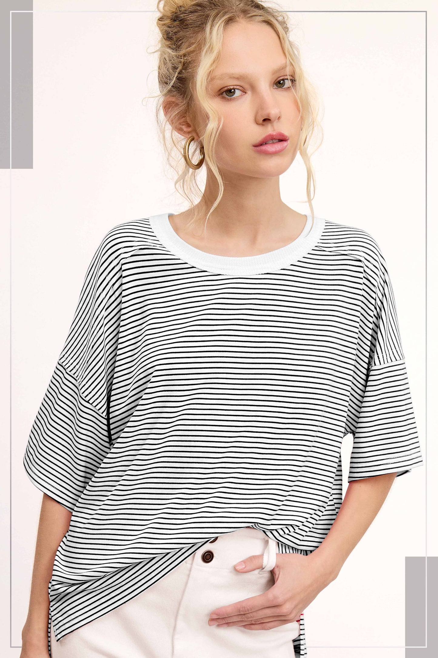 Basic Striped Drop Shoulder Short Sleeves Top
