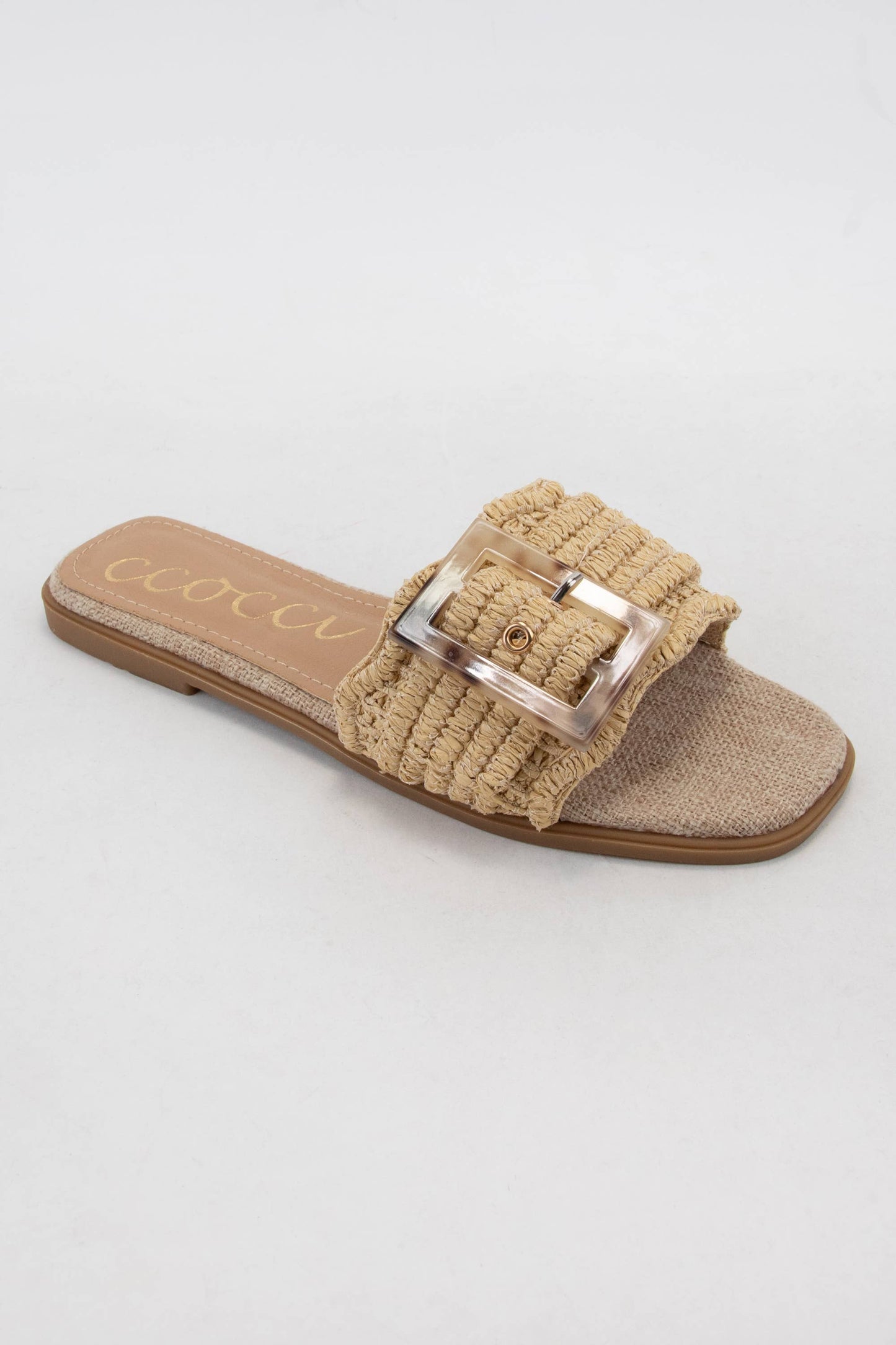 LESLIE TORTOISE BUCKLE SCALLOP EDGE RAFFIA SLIDE SANDAL/Natural color