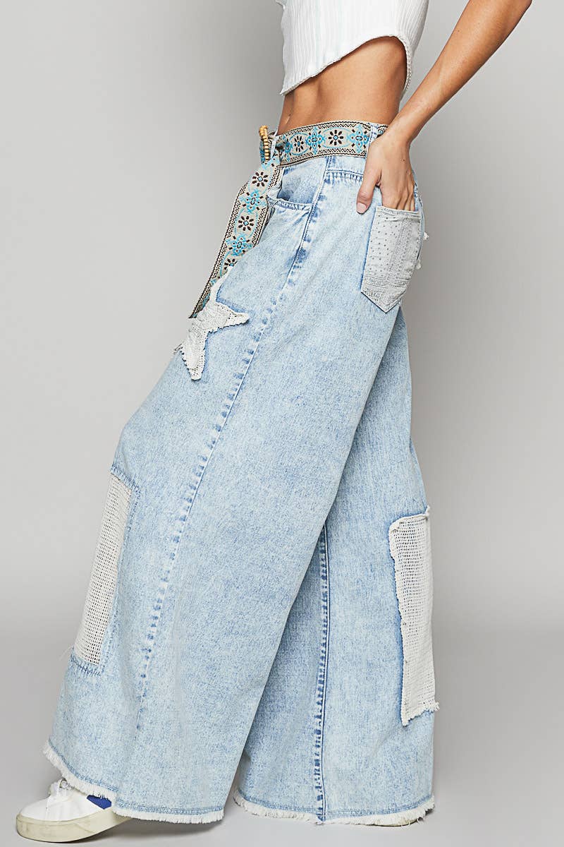Vintage washed crochet star patch solid pants