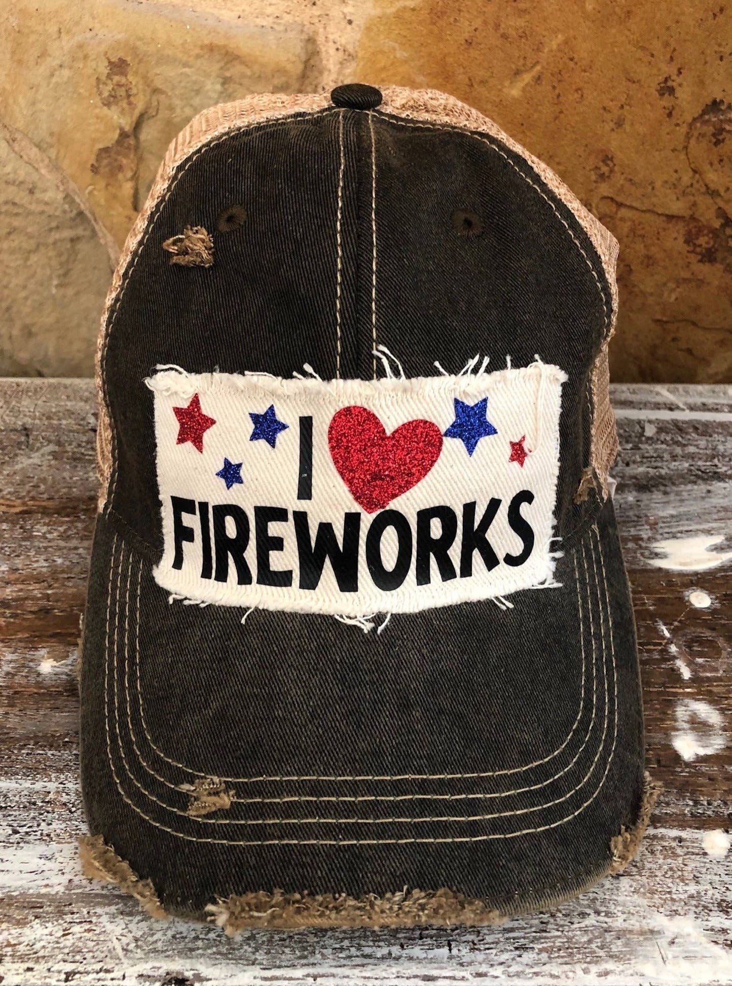 I love Fireworks Hat, 4th of July Ball Cap, Independence Day