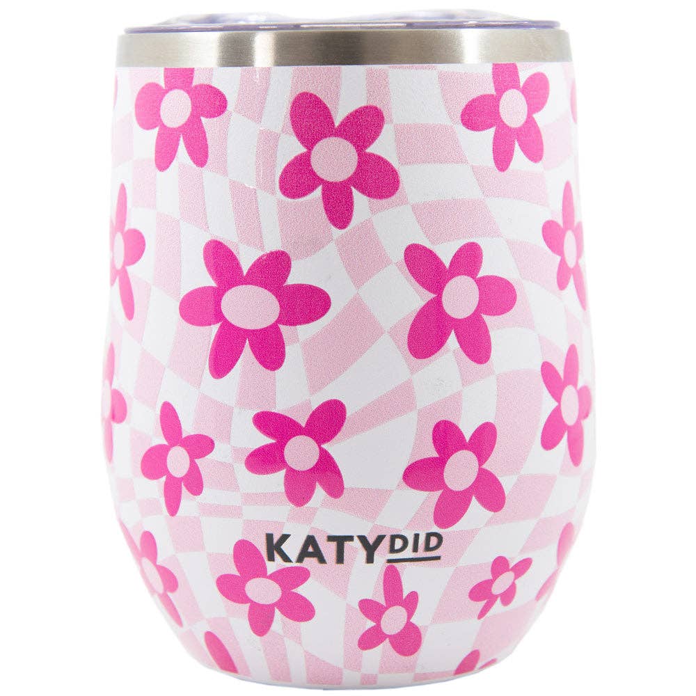 Pink Flower w/ Groovy Checkered WINE TUMBLER Cup