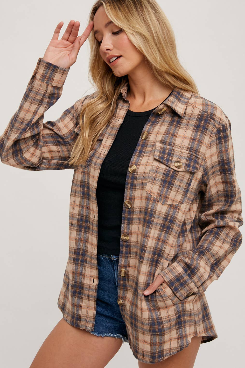 FLANNEL BUTTON DOWN SHIRT TOP-with POCKETS