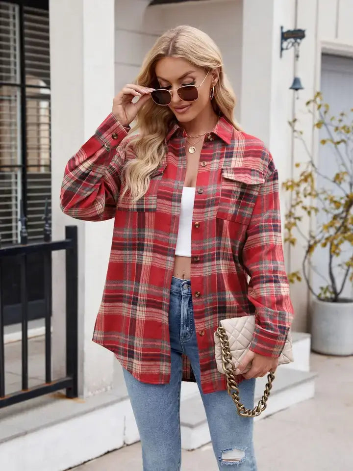 Fall 2025 Women’s Casual Loose Fit Plaid Button Shirt