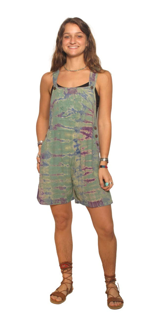 Short Overalls in Tie Dye w/ Embroidery and Cuffed Hem