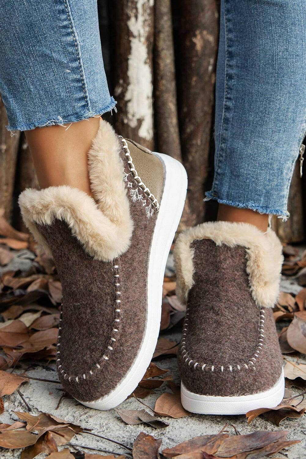 Suede Stitching Patchwork Plush Lined Anklet Boots-BEIGE