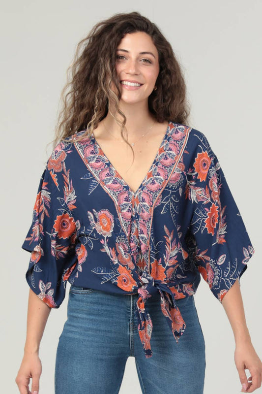 V NECK KIMONO SLEEVE TIE WAIST TOP