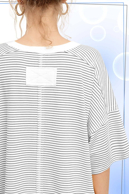 Basic Striped Drop Shoulder Short Sleeves Top