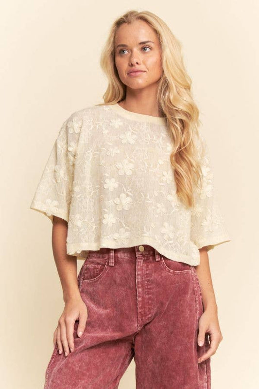 FLORAL RUFFLE SHORT SLEEVE BABYDOLL MESH TOP