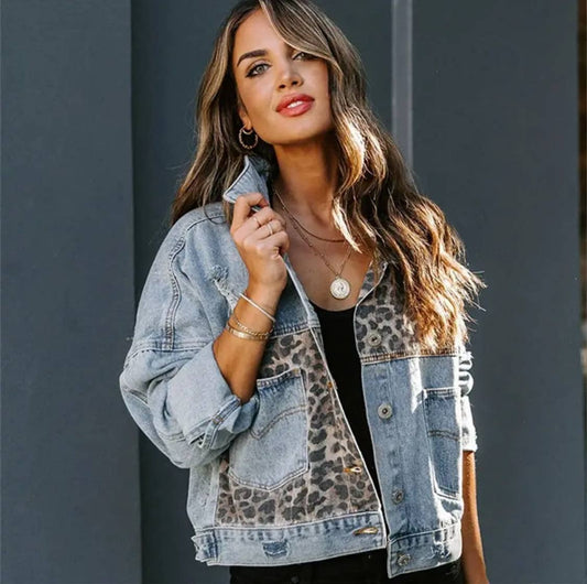 Leopard Denim Patchwork Denim Jacket