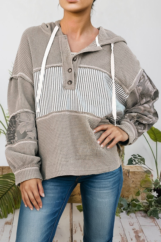 Waffle Patchwork Hooded Drawstring Top