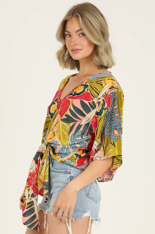 V NECK KIMONO SLEEVE TIE WAIST BLOUSE