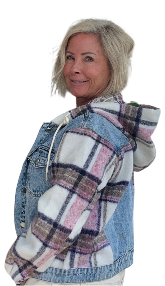 BRUSHED PLAID CONTRAST HOODED DENIM JACKET
