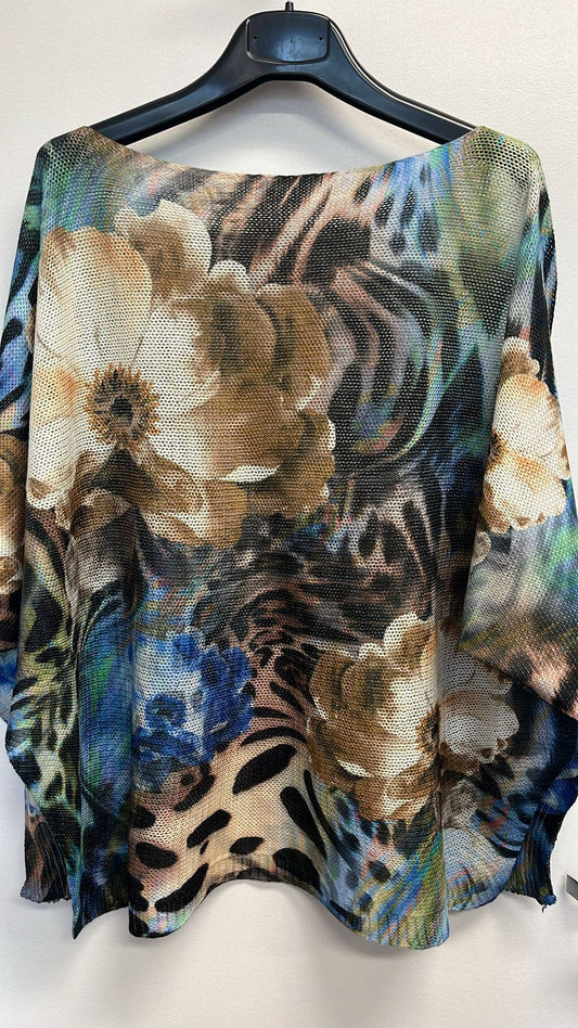 Blue Floral Round Knit Printed Sweater
