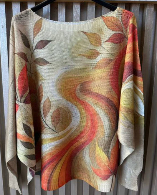 Cream Fall Leaves Round Neck Knit Printed Sweater