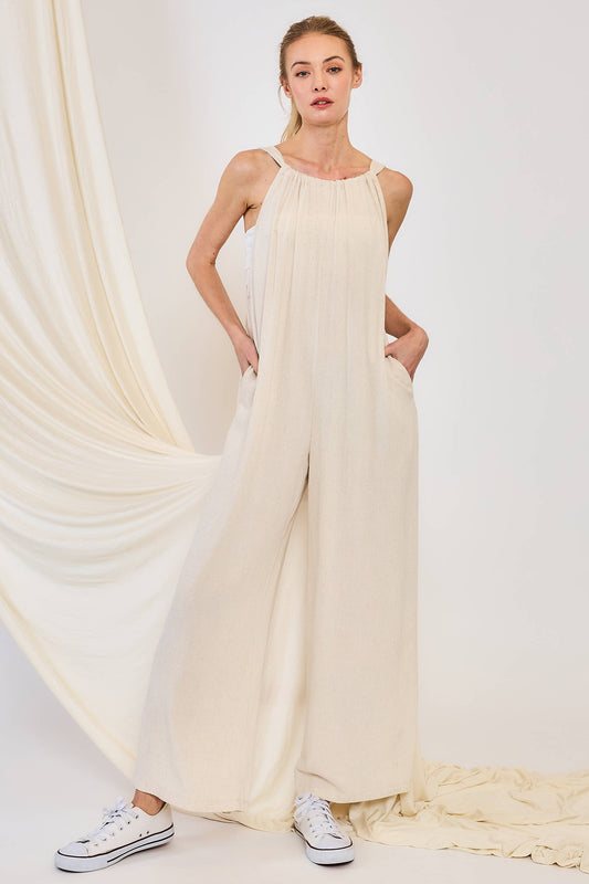 LINEN TIE-BACK SLEEVELESS JUMPSUIT