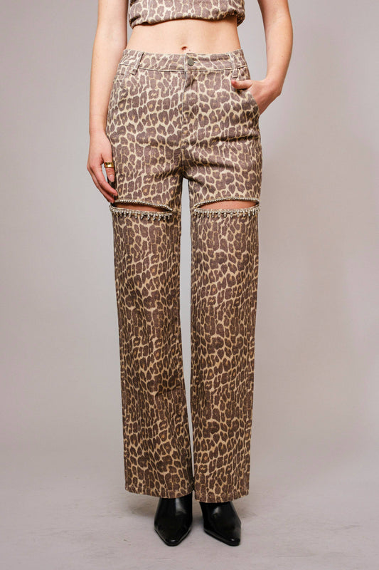 Leopard Print Rhinestone Cutout Jeans