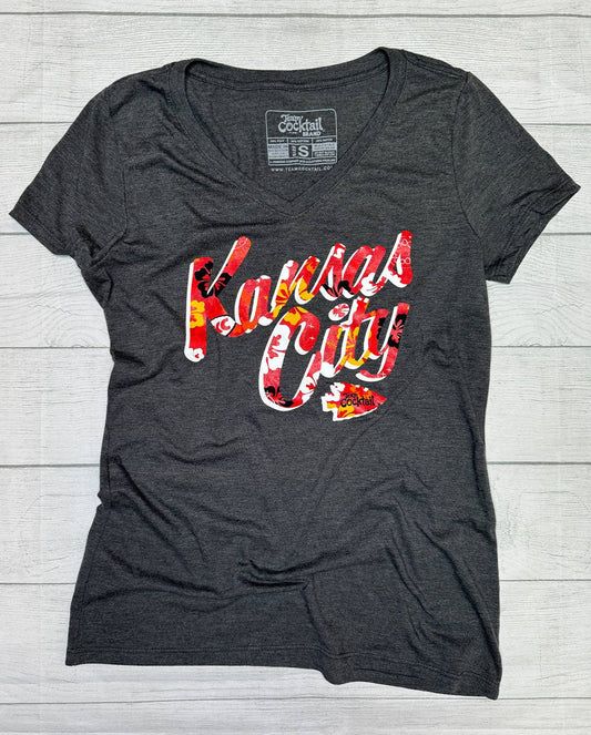 Kansas City Floral Text Ladies Triblend Vneck Tee