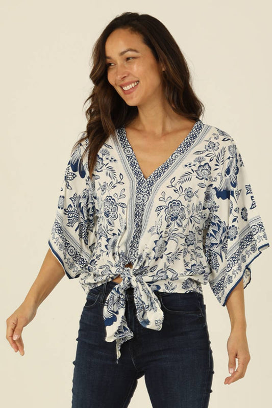V NECK KIMONO SLEEVE TIE WAIST BLOUSE