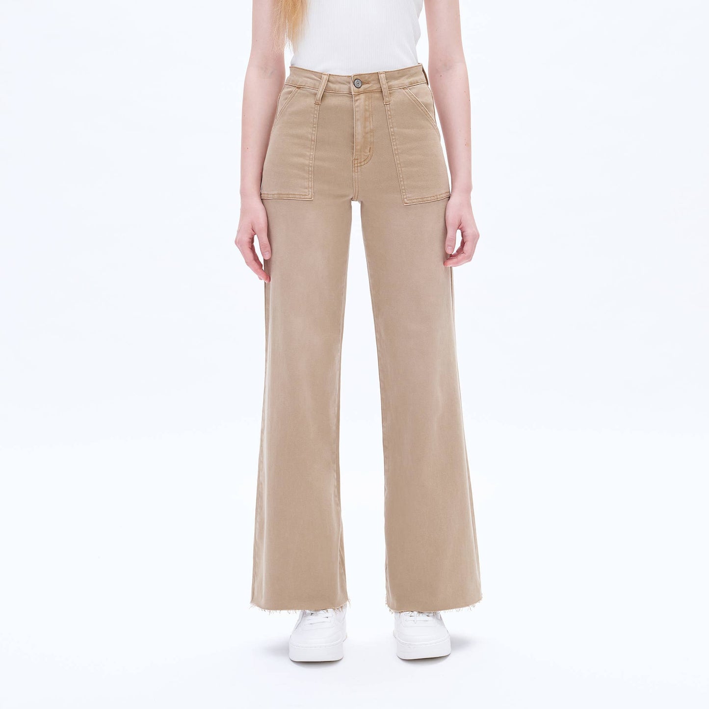 UTILITY HIGH RISE WIDE LEG TWILL PANTS WITH RAW HEM