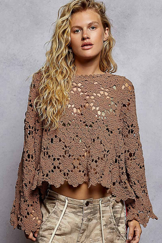 Flare sleeve scalloped edge solid crochet chenille sweater